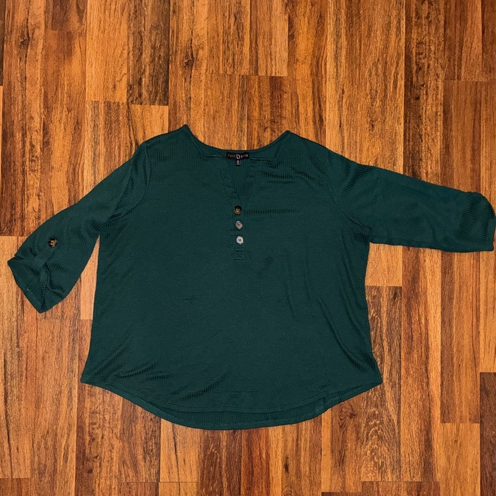 Fred David Green Waffle Knit Henley Top 3/4 Roll Tab Sleeve Plus Size 3X
